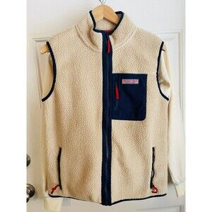 Vineyard Vines Sweater Vest Boys Size XL (18) Navy Beige Sherpa Fleece Puffer